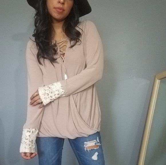 TOUCH OF LACE TAUPE SURPLICE TOP - Picture 2 of 7